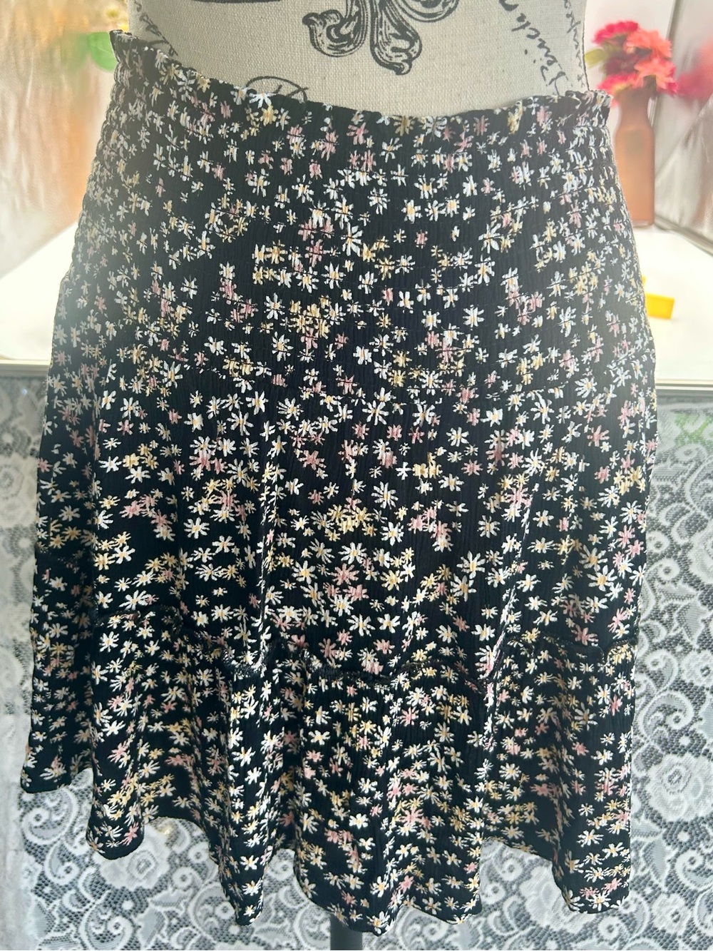 Skatergrunge boho Black Floral Smocked Tiered Skirt with Pink & Yellow Flowers